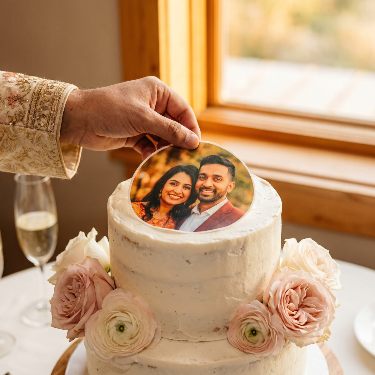 Hand legt runden essbaren Paarfoto-Aufleger auf eine weiße Hochzeitstorte mit Blumen